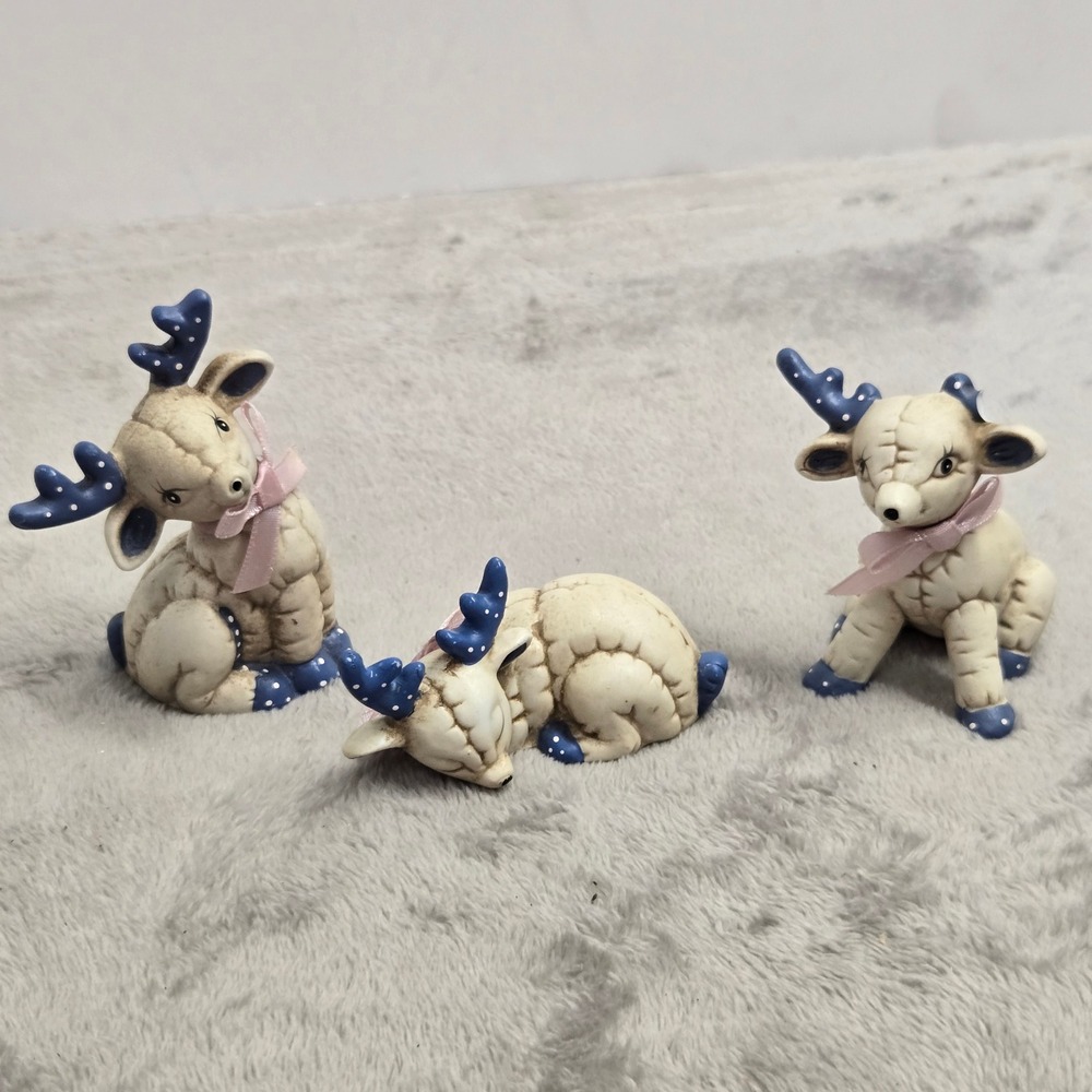 Vintage Kimple Ceramic Reindeer Figurines Blue Polka Dot Antlers Set of 3 XMAS95